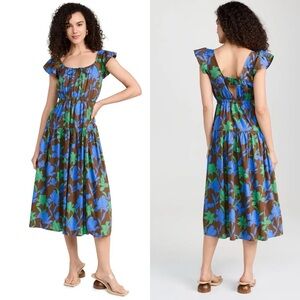 Moon River Floral Flutter-Sleeve Midi Dress in Blue & Green Medium